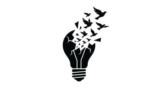 Light bulb shattering into flying birds, symbolizing creative breakthrough and freedom of ideas.