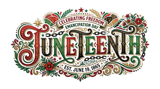 Vibrant Juneteenth celebration graphic with freedom text and floral patterns