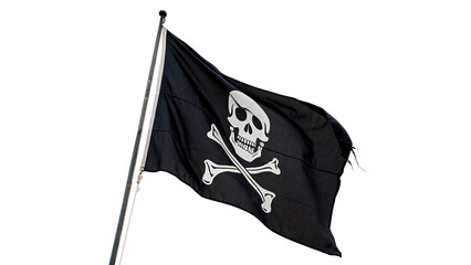 Fototapeta premium Classic black pirate flag with white skull crossbones isolated on transparent background cut out