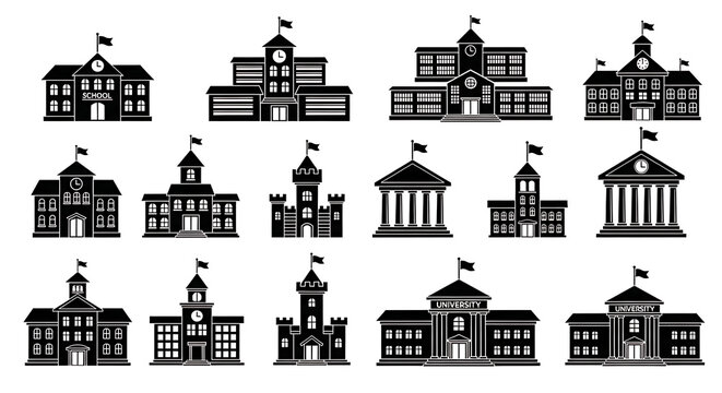 Set of black silhouette building icons representing schools and public institutions with building silhouette architecture education structure collection government university historic