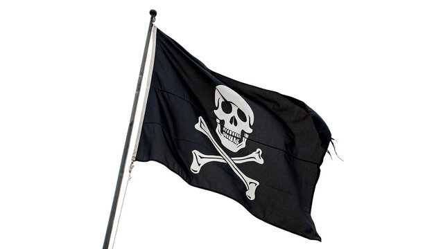 Classic black pirate flag with white skull crossbones isolated on transparent background cut out