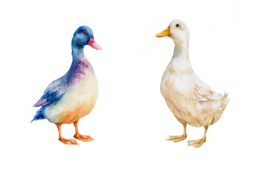 Naklejka premium Two beautiful ducks painted in watercolor style featuring blue patterned bird and light brown bird