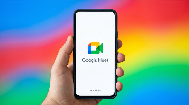 Hand holding a smartphone with the Google Meet application logo on the screen. Vibrant colorful blurred gradient background. Video conferencing and online communication tool for remote working.