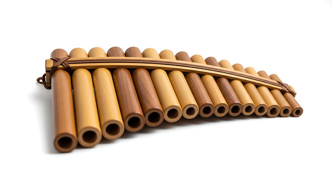 Wooden pan flute with multiple cylindrical tubes is displayed against a white background panpipes