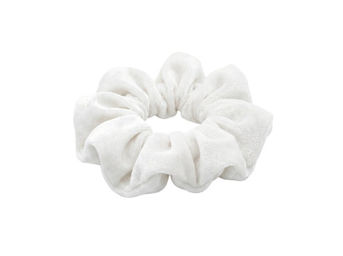 White velvet hair scrunchie for hairstyling, isolated on transparent background.