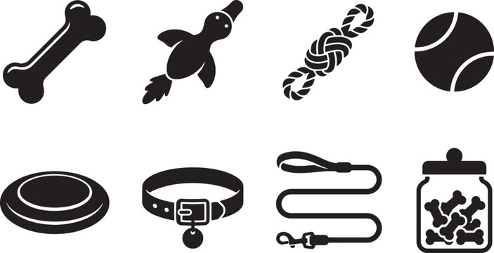 Set of black vector graphic icons depicting various essential pet accessories including toys for dogs a collar a leash a frisbee and a glass jar filled with small treats