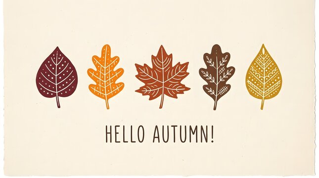 Minimalist autumn greeting with patterned colorful fall leaves