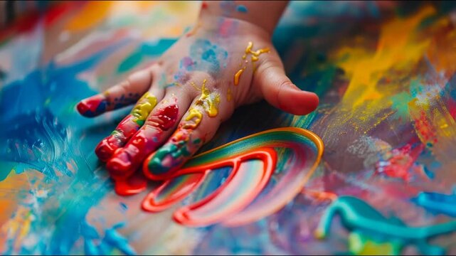 Child Painting with Colorful Finger Paints