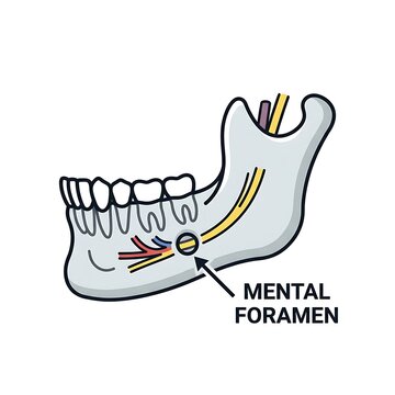 Detailed anatomical diagram of human mandible mental foramen.