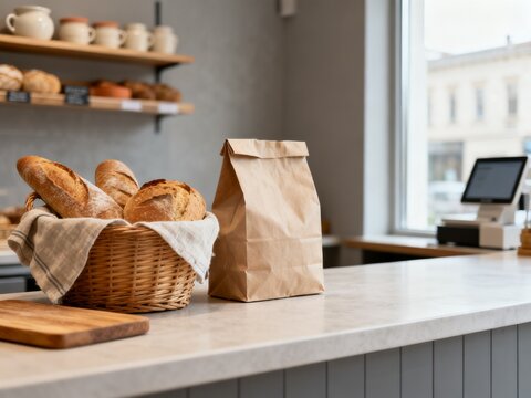 Fresh bread in basket with paper bag on bakery counter