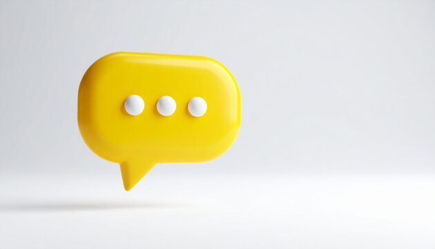 3D yellow notification message pop-up speech bubble floating on white background, social media and messaging concept, minimal UI style, modern digital communication aesthetic. Close-up.