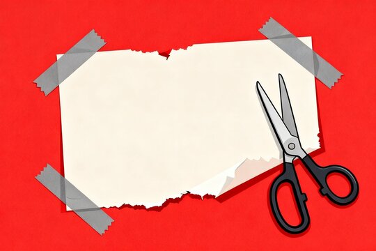 Scissors on Torn Paper with Red Background