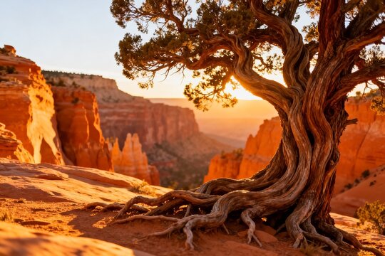 Twisted Juniper Tree in Red Canyon at Sunset