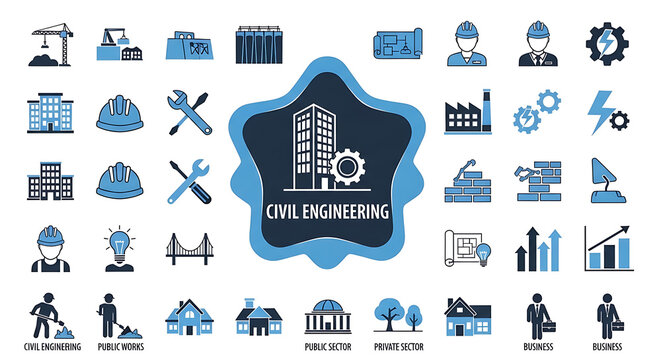 Comprehensive collection of blue civil engineering and construction themed icons with engineering construction infrastructure building industry architecture development professional technical