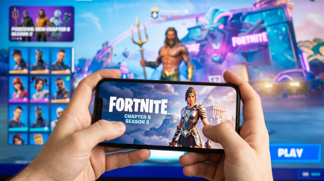 Hands holding a smartphone with Fortnite Chapter 5 Season 2 game interface on the screen. Mobile gaming concept with blurred PC monitor showing game lobby, characters and Poseidon skin in background.