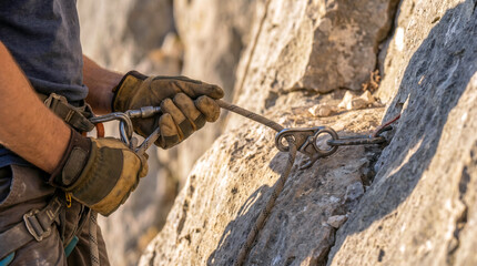 Obraz premium Rappelling descent on a rocky mountain cliff side