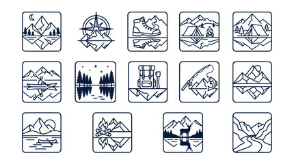 Camping and hiking adventure badges with mountain and lake themes © Berang