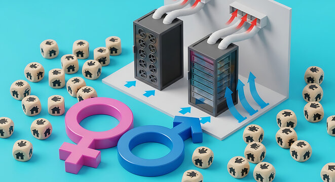 Gender equality concept with server hardware and wooden blocks representing diverse people equality technology diversity inclusion community hardware representation concepts infrastructure