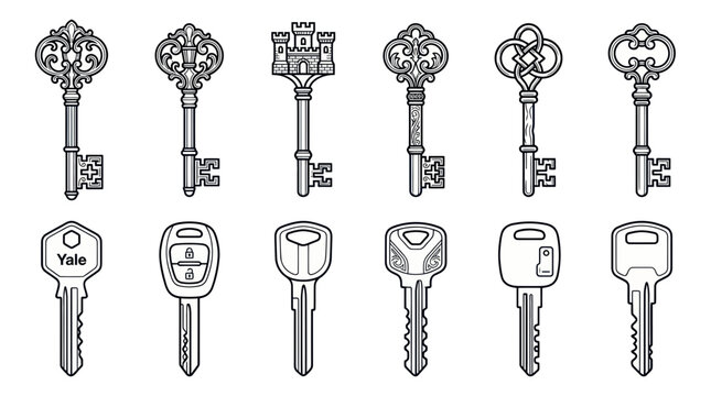 Collection of vintage skeleton keys and modern house keys