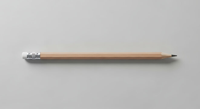 A wooden graphite pencil lies horizontally on a light gray background showcasing its simple design