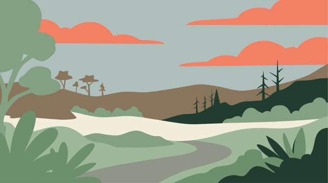 Stylized natural landscape with rolling hills, sparse trees, and a winding path under a sky with orange clouds