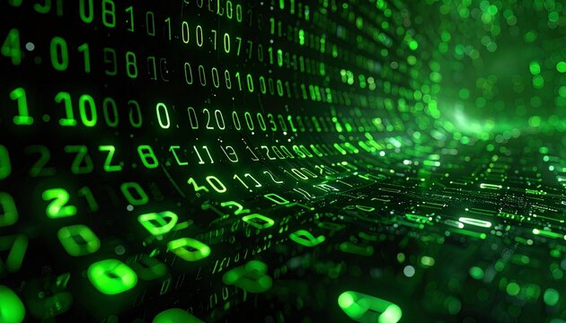 Green digital code tunnel, abstract technology design