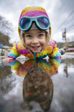 Child in colorful rain gear smiles broadly while peering into the camera from a puddle, with soft lighting and reflections enhancing the scene