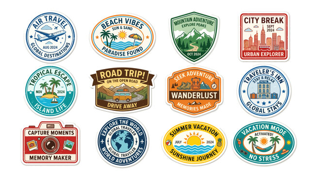 Collection of travel stickers with various designs and phrases on vector