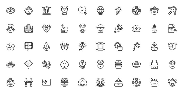 Chinese New Year icon set. Vector illustration. Festive symbol pack. Featuring Dog, Noodles, Gong, Fortune cookie, Lamp, Carp fish, Bagua mirror, Pig, Rattle drum, and more. Editable stroke.