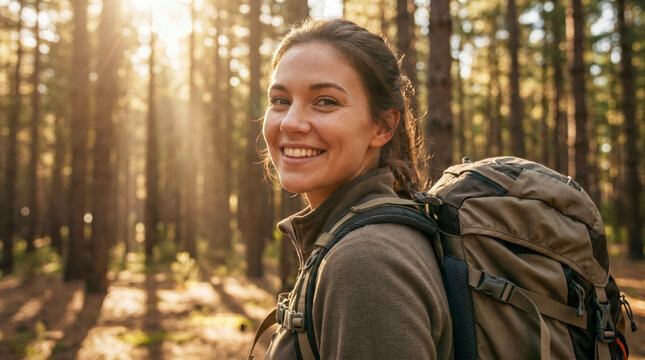 Smiling young woman with a backpack hiking in a forest
