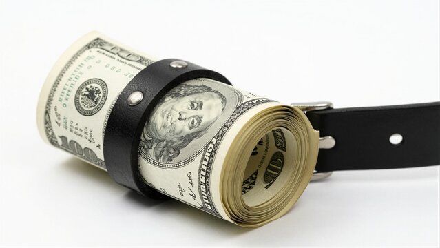 A rolled stack of hundred-dollar bills held tightly by a black leather belt against a white background.