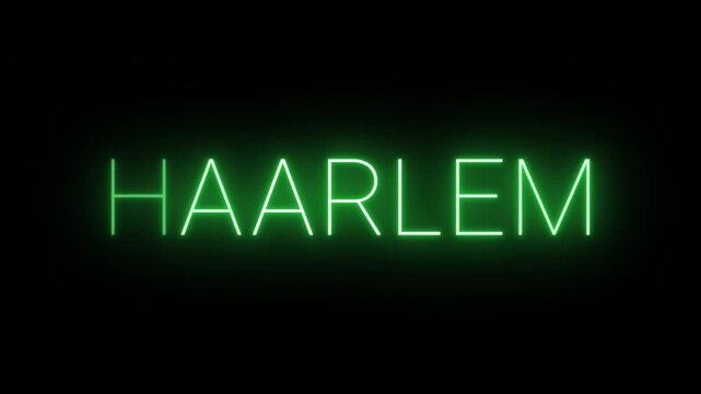 Flickering neon green glowing haarlem sign animated black background.