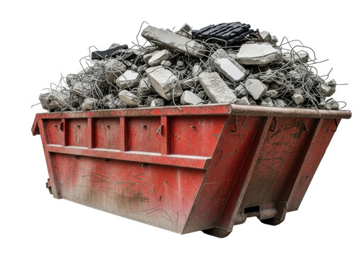 Faded safety red industrial skip bin full of jagged concrete and twisted steel demolition debris, hyper-photorealistic medium shot on transparent background, conceptual representation of waste
