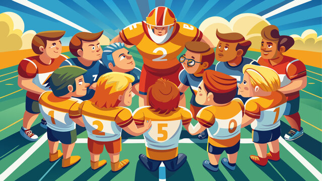 A group of cartoon football players huddled up