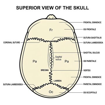 Superior view of human skull bone anatomy diagram.