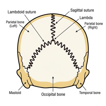 Human skull diagram with labeled sutures and bones.