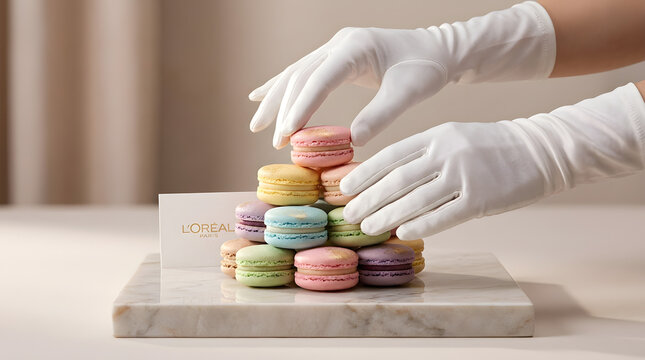 A chef wearing white gloves arranging a colorful stack of delicious French macarons on a marble surface.