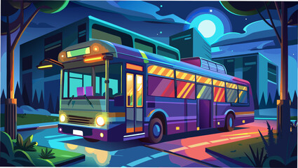 A bus at night in a city landscape cartoonish © Devili