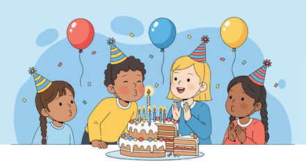 A group of children celebrating birthday with cake and balloons © Franky