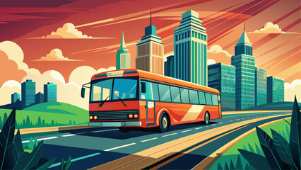 A bus on the road with city skyline background © Devili