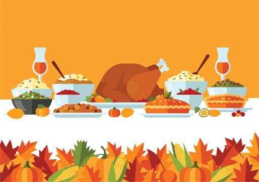 A Thanksgiving feast on a table with autumn leaves and pumpkins