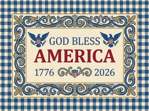 God bless america sampler cross stitch print. Traditional rustic patriotic farmhouse embroidery wall art with eagle, flag, and liberty bell 1776 to 2026