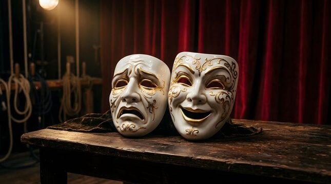 Comedy and tragedy theater masks on a wooden table with red curtains
