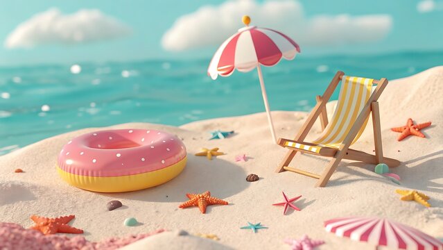 Vibrant 3D claymation style miniature beach scene with a deck chair, umbrella, and donut swim ring on sunny sand
