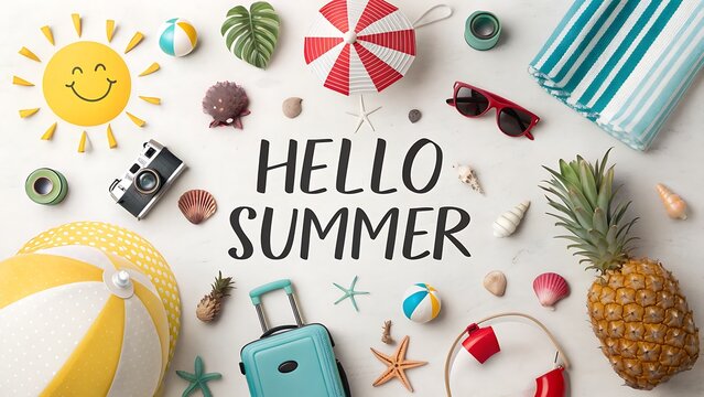 Hello Summer text flat lay with beach accessories and pineapple