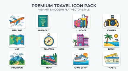 Fototapeta premium Travel icons featuring airplane, passport, luggage, and beach scenes