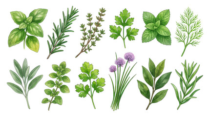 Fresh culinary herbs watercolor collection for cooking and gardening © Berlin