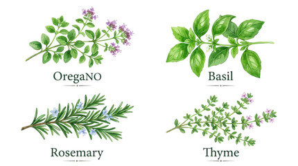 Watercolor collection of culinary herbs basil oregano rosemary thyme © Berlin