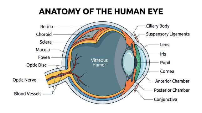 Anatomy of the human eye with detailed cross section and labels