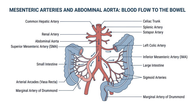 Mesenteric arteries and abdominal aorta blood flow to the bowel